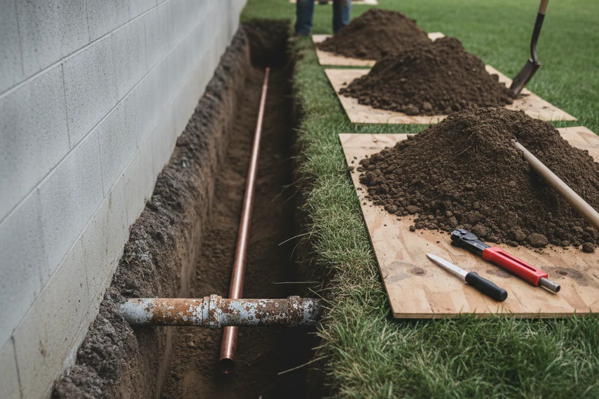 Excavated water line trench during Water Heater Repair in Grandview